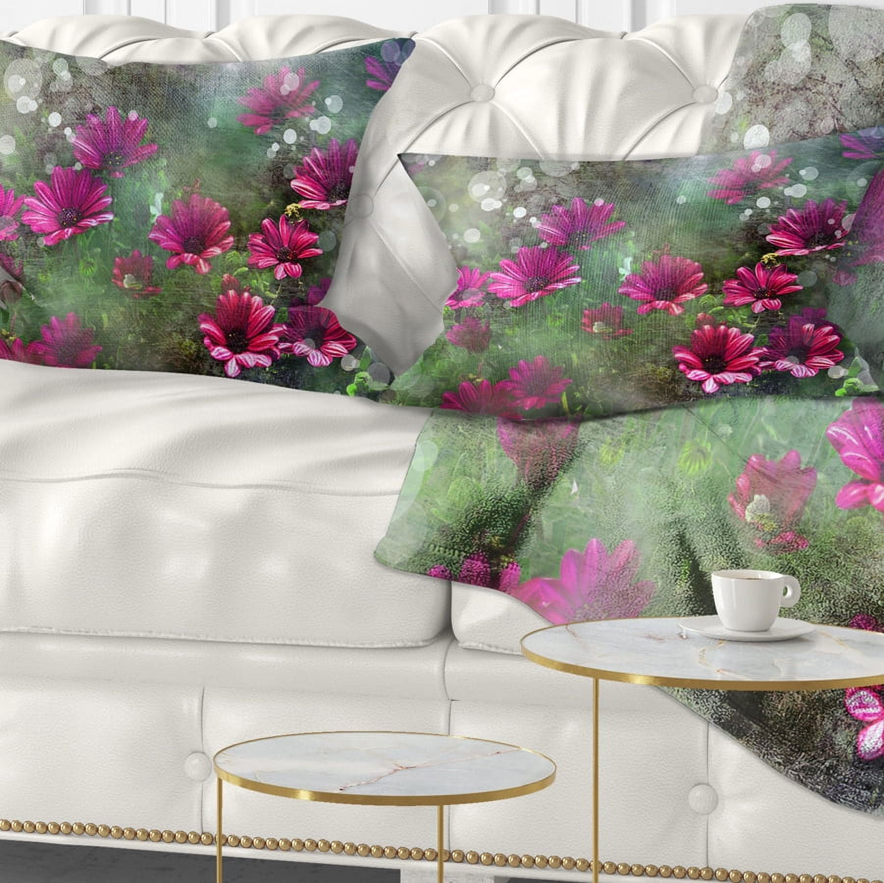 Designart Red and Pink Flowers on Green - Floral Throw Pillow - 12x20