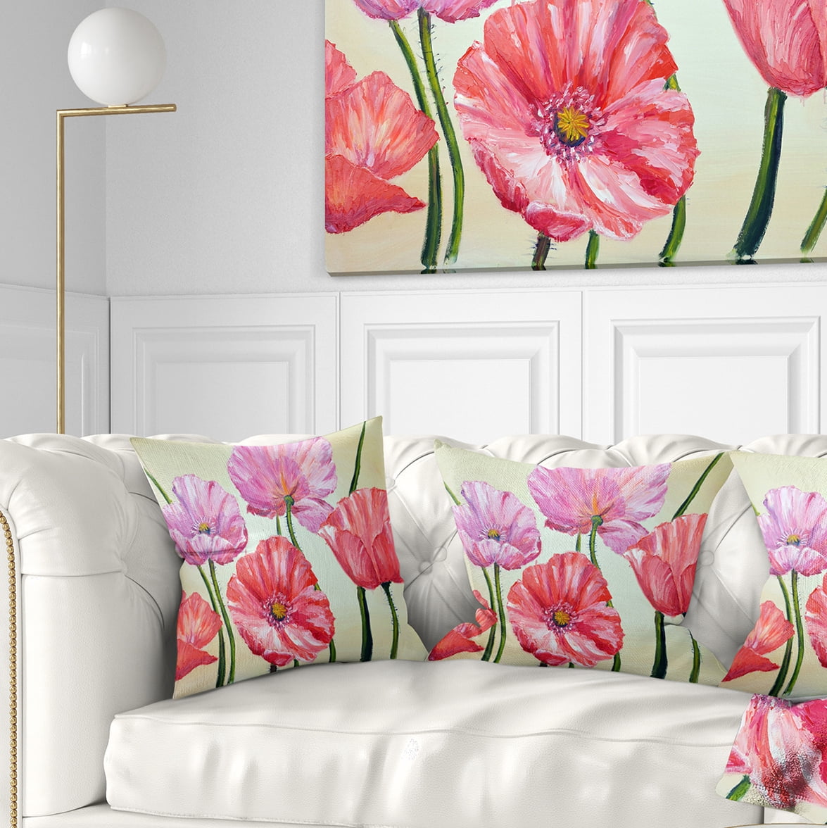 Designart Red and Pink Poppies - Floral Throw Pillow - 18x18