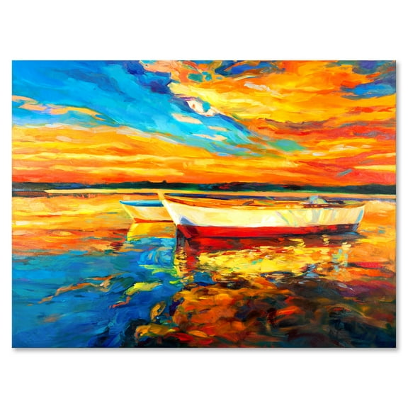 Designart ' Red and White Boats By The Pier At A VIbrant Sunset ' Nautical & Coastal Canvas Wall Art Print