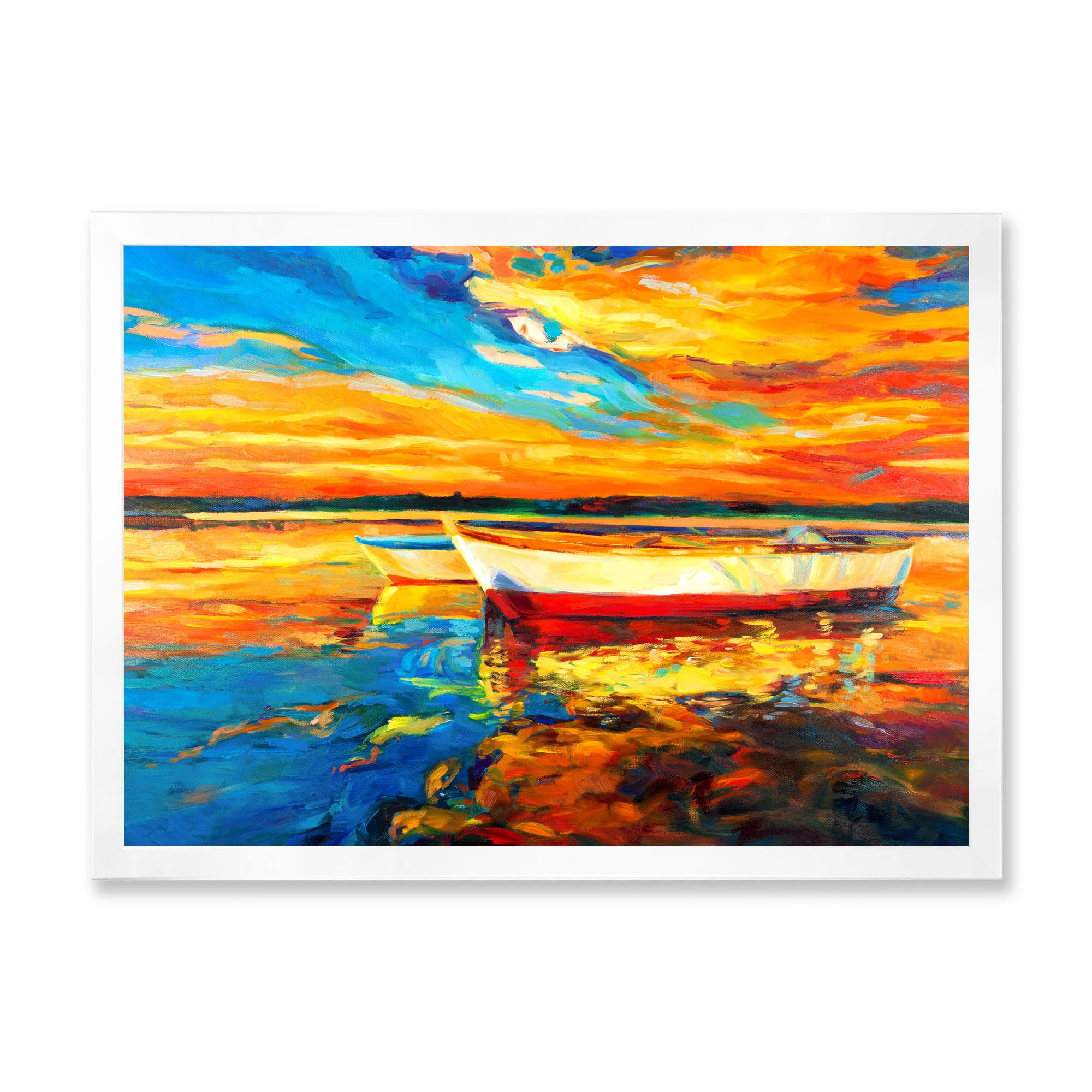 Designart 'Red and White Boats By The Pier At A VIbrant Sunset' Nautical & Coastal Framed Art Print