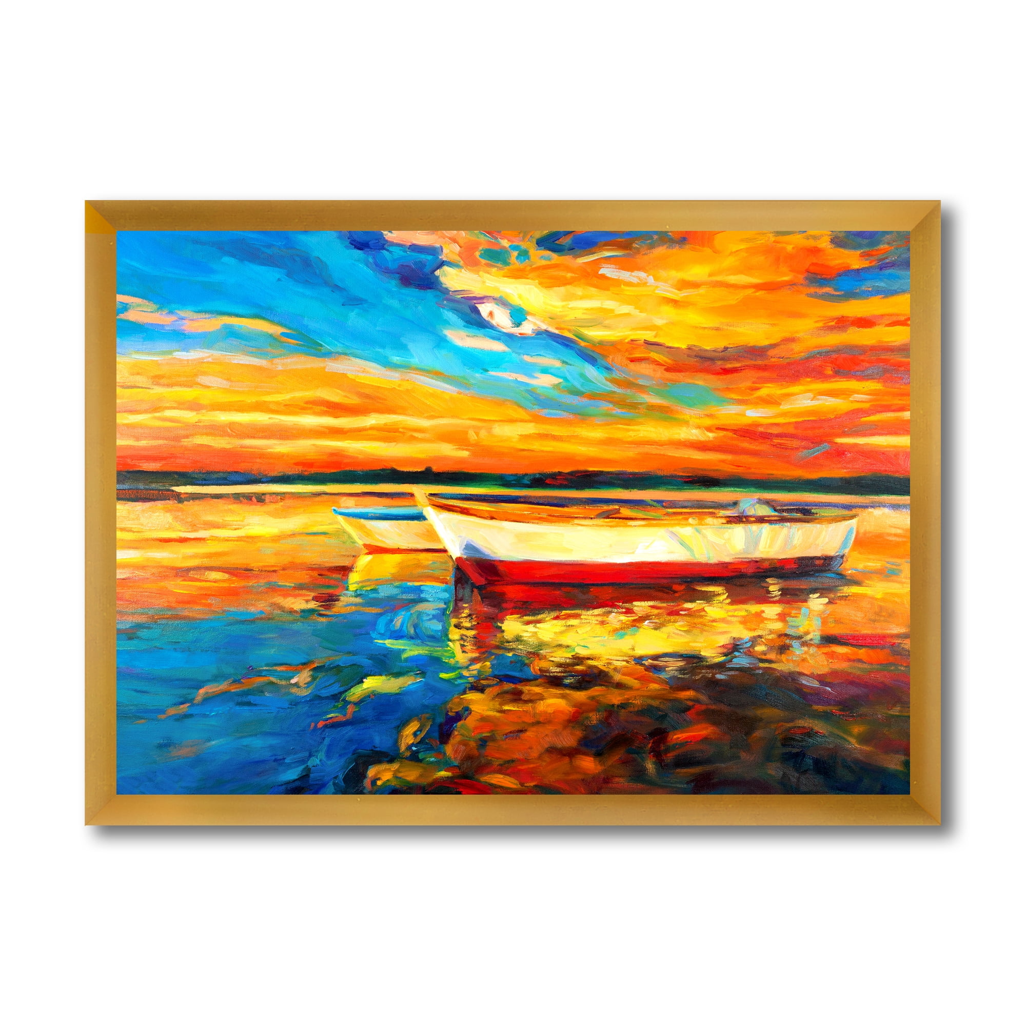 Designart 'Red and White Boats By The Pier At A VIbrant Sunset' Nautical & Coastal Framed Art Print