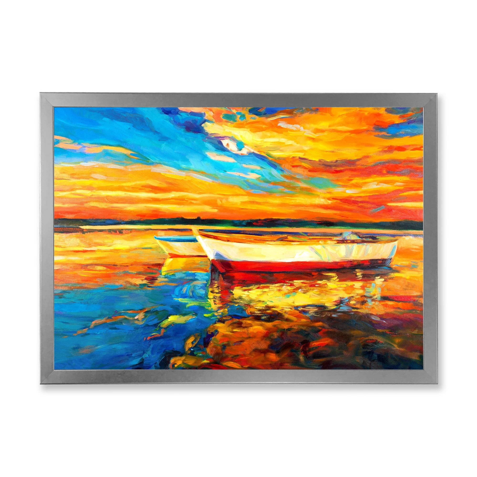Designart 'Red and White Boats By The Pier At A VIbrant Sunset' Nautical & Coastal Framed Art Print