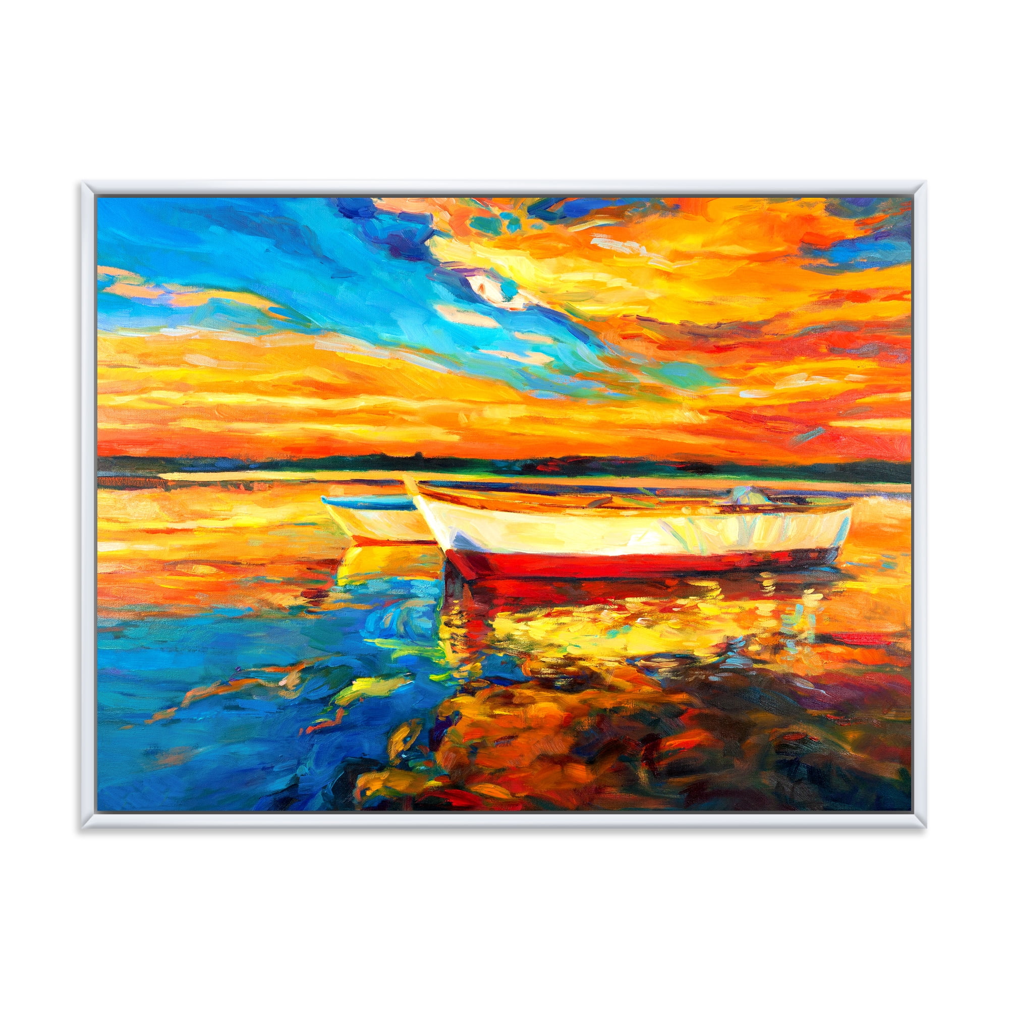Designart 'Red and White Boats By The Pier At A VIbrant Sunset' Nautical & Coastal Framed Canvas Wall Art Print