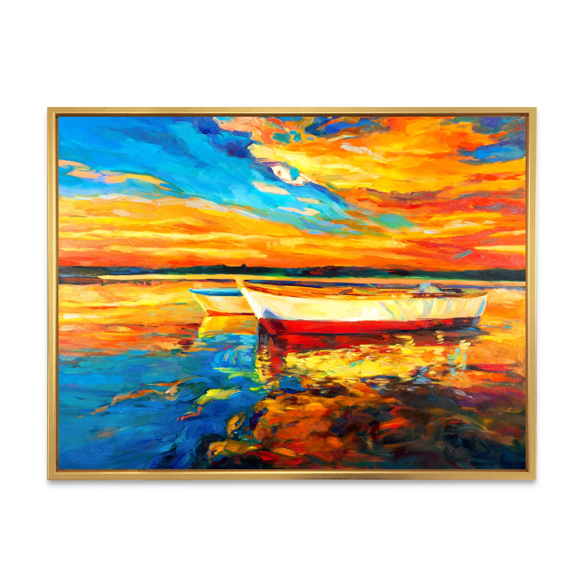 Designart 'Red and White Boats By The Pier At A VIbrant Sunset' Nautical & Coastal Framed Canvas Wall Art Print