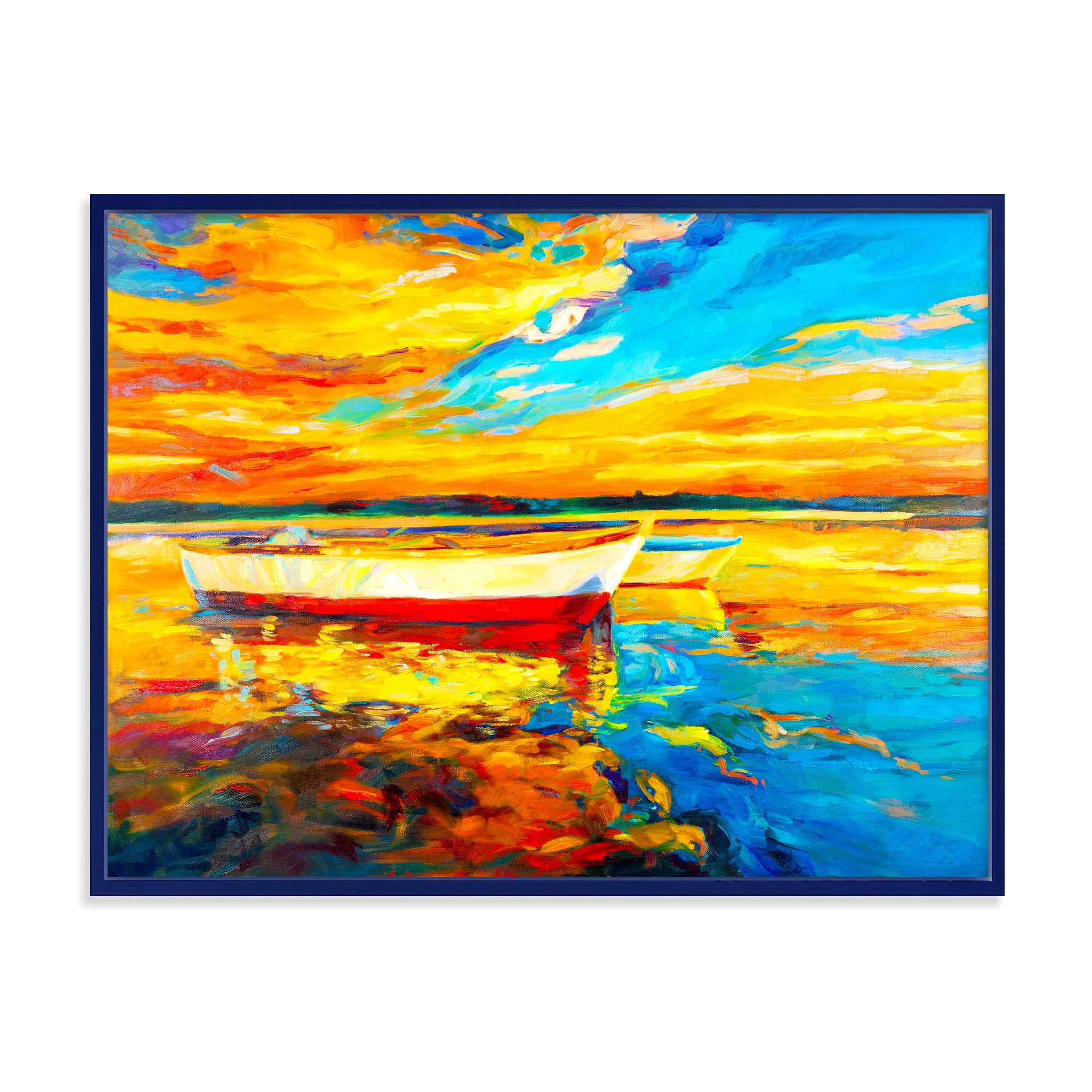 Designart 'Red and White Boats By The Pier At A VIbrant Sunset' Nautical & Coastal Framed Canvas Wall Art Print