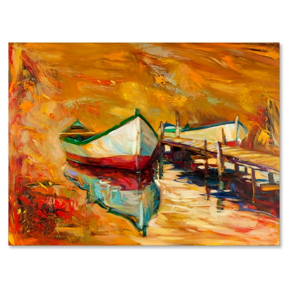 Designart ' Red and White Boats By The Pier ' Nautical & Coastal Canvas Wall Art Print