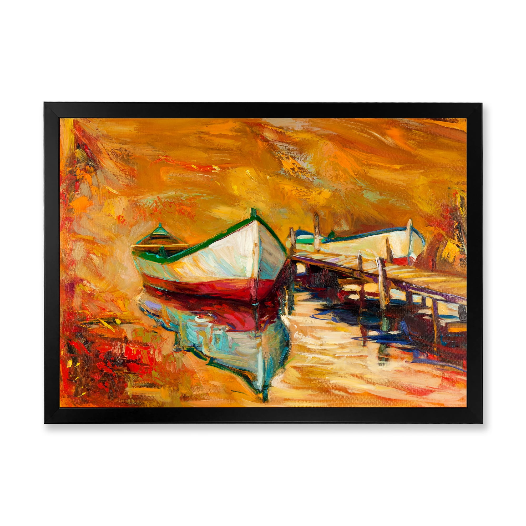Designart 'Red and White Boats By The Pier' Nautical & Coastal Framed Art Print
