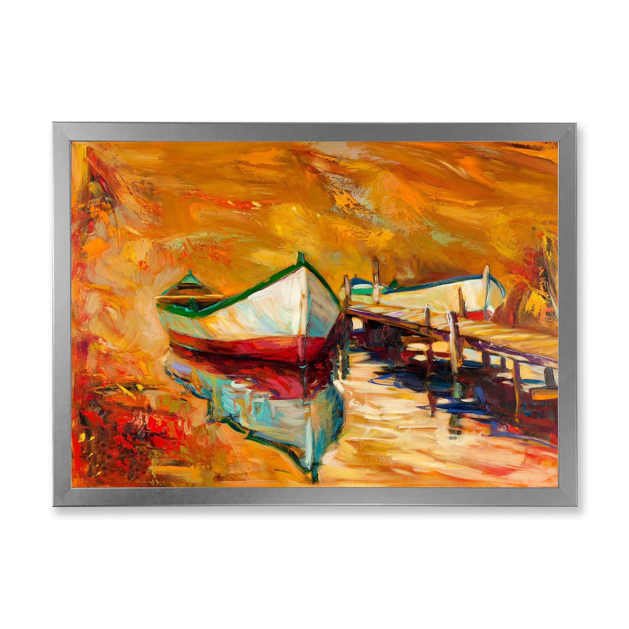 Designart 'Red and White Boats By The Pier' Nautical & Coastal Framed Art Print