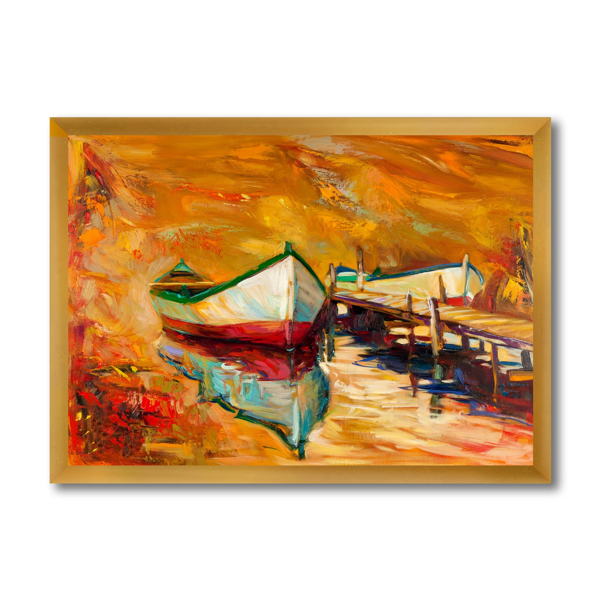 Designart 'Red and White Boats By The Pier' Nautical & Coastal Framed Art Print