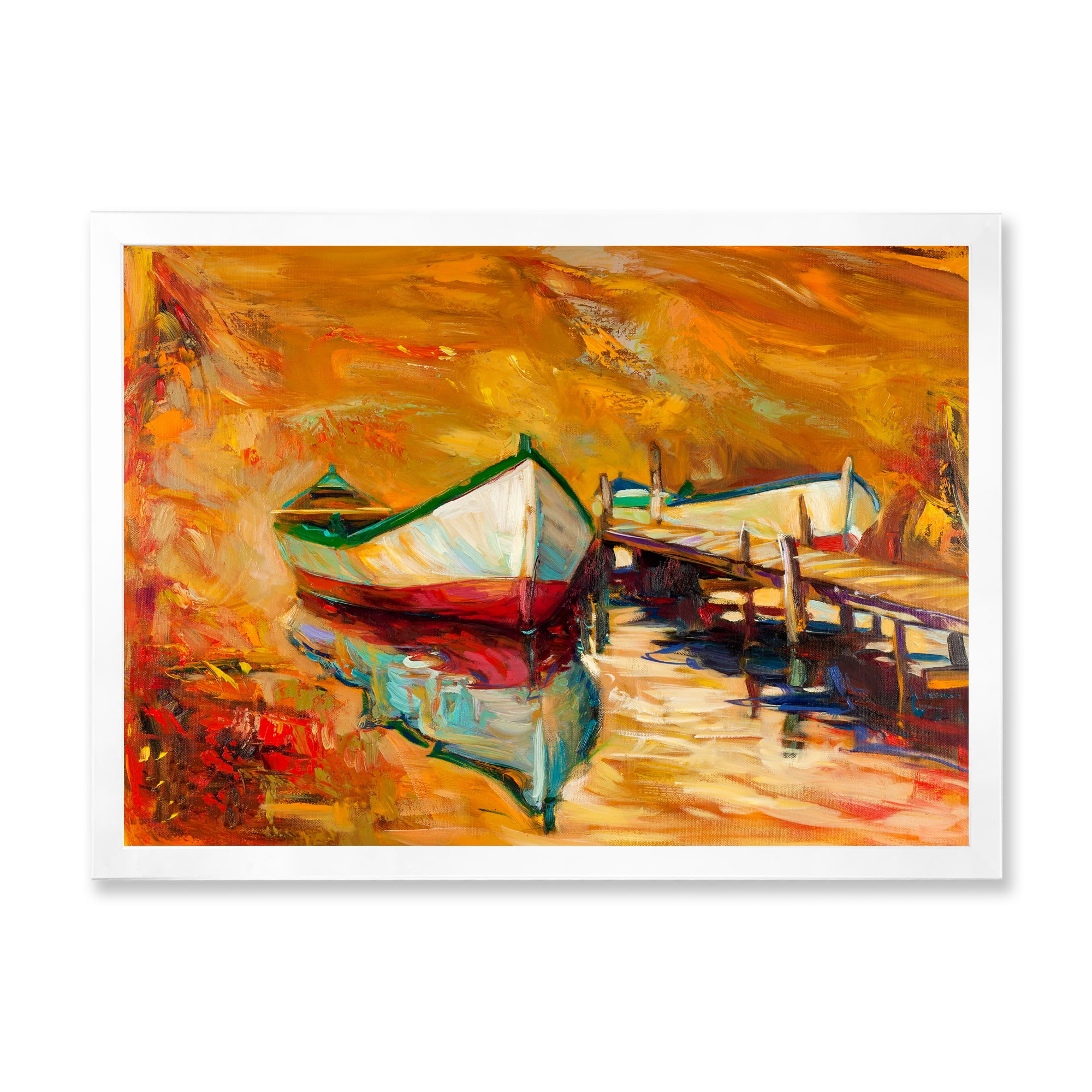 Designart 'Red and White Boats By The Pier' Nautical & Coastal Framed Art Print