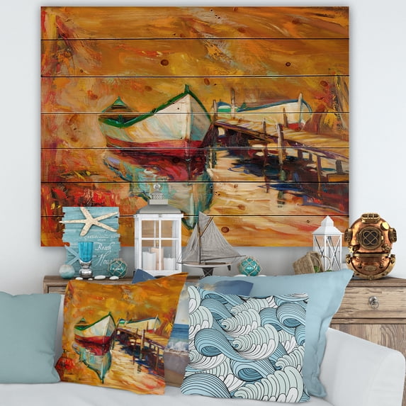 Designart 'Red and White Boats By The Pier' Nautical & Coastal Print on Natural Pine Wood