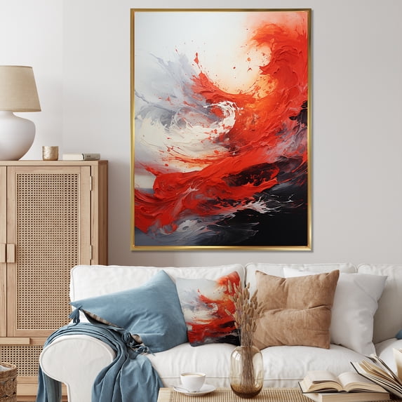 Designart "Red and White Chaotic Burst III" Abstract Framed Wall Art - Modern Red Abstract Collages Entryway Framed Wall Art