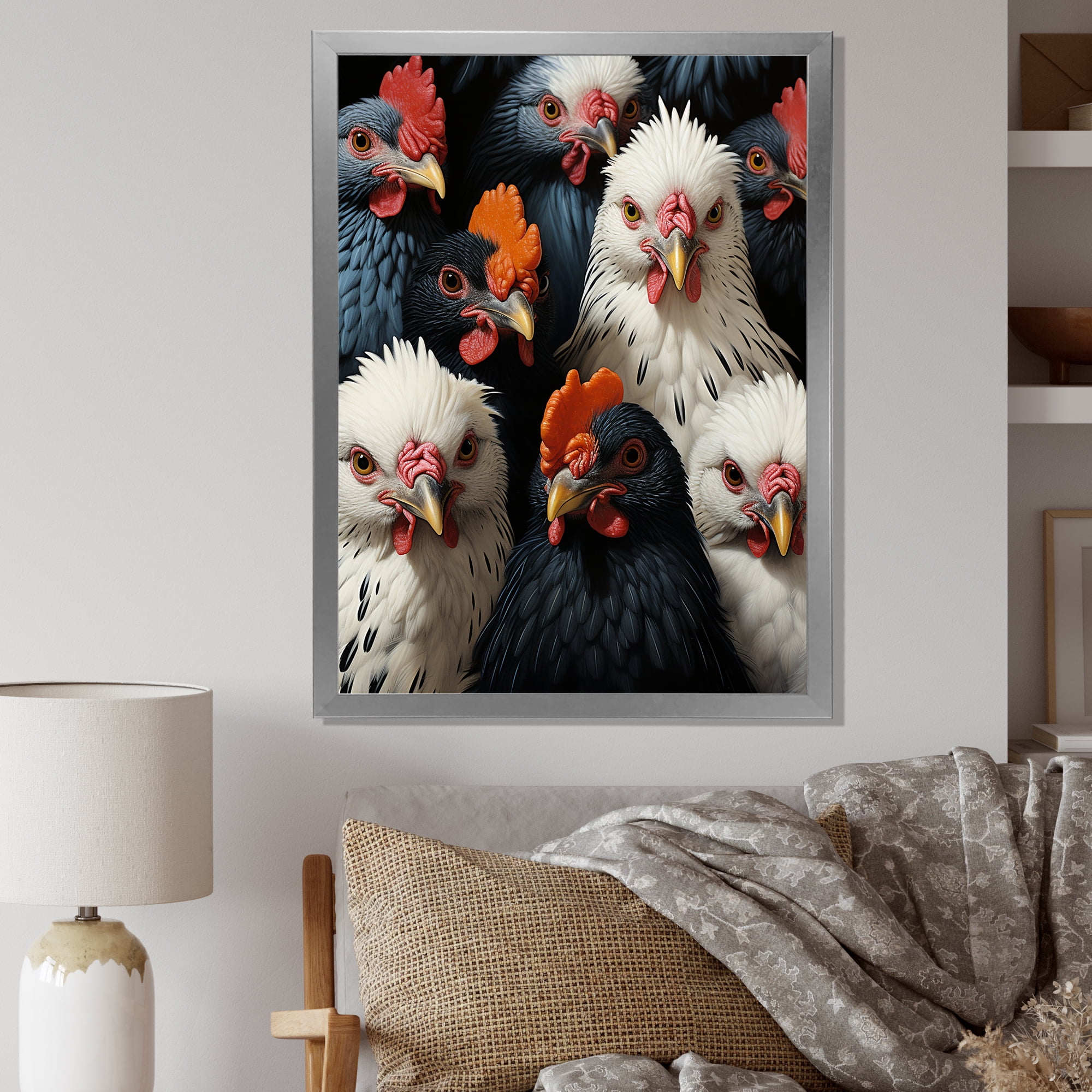 Designart "Red and White Farm Roosters II" Animals Framed Wall Art