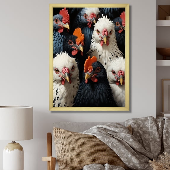 Designart "Red and White Farm Roosters II" Animals Framed Wall Art - Traditional White Chicken Bedroom Framed Canvas Wall Art