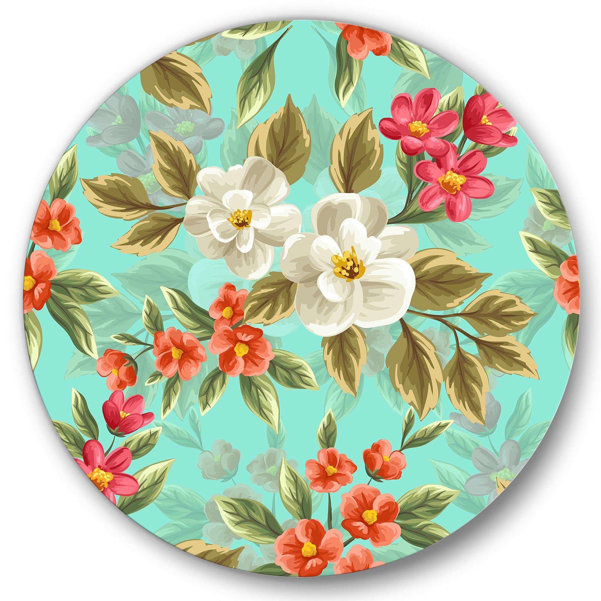 Designart 'Red and White Floral Seamless Pattern' Traditional Circle Metal Wall Art 23x23 - Disc of 23