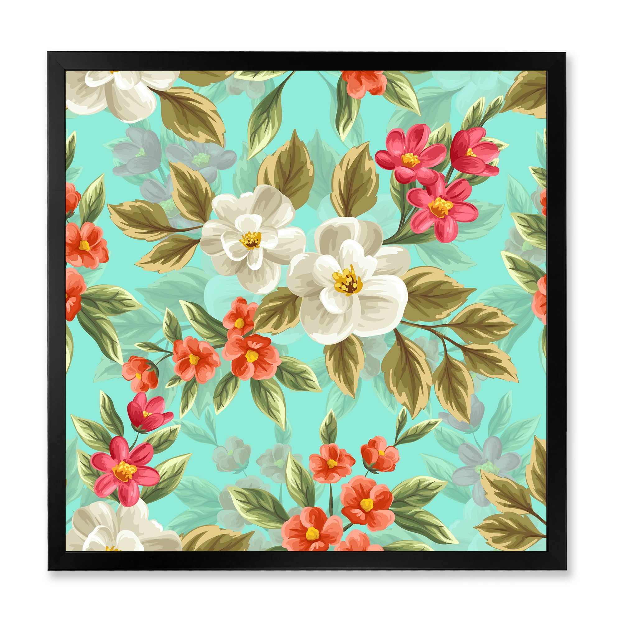 Designart 'Red and White Floral Seamless Pattern' Traditional Framed Art Print