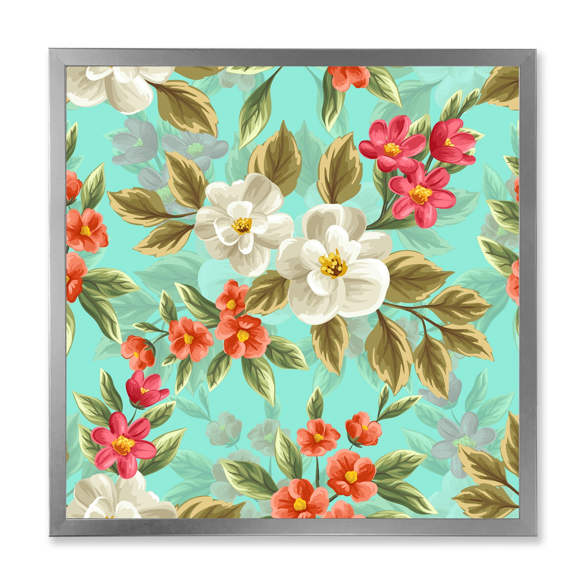 Designart 'Red and White Floral Seamless Pattern' Traditional Framed Art Print
