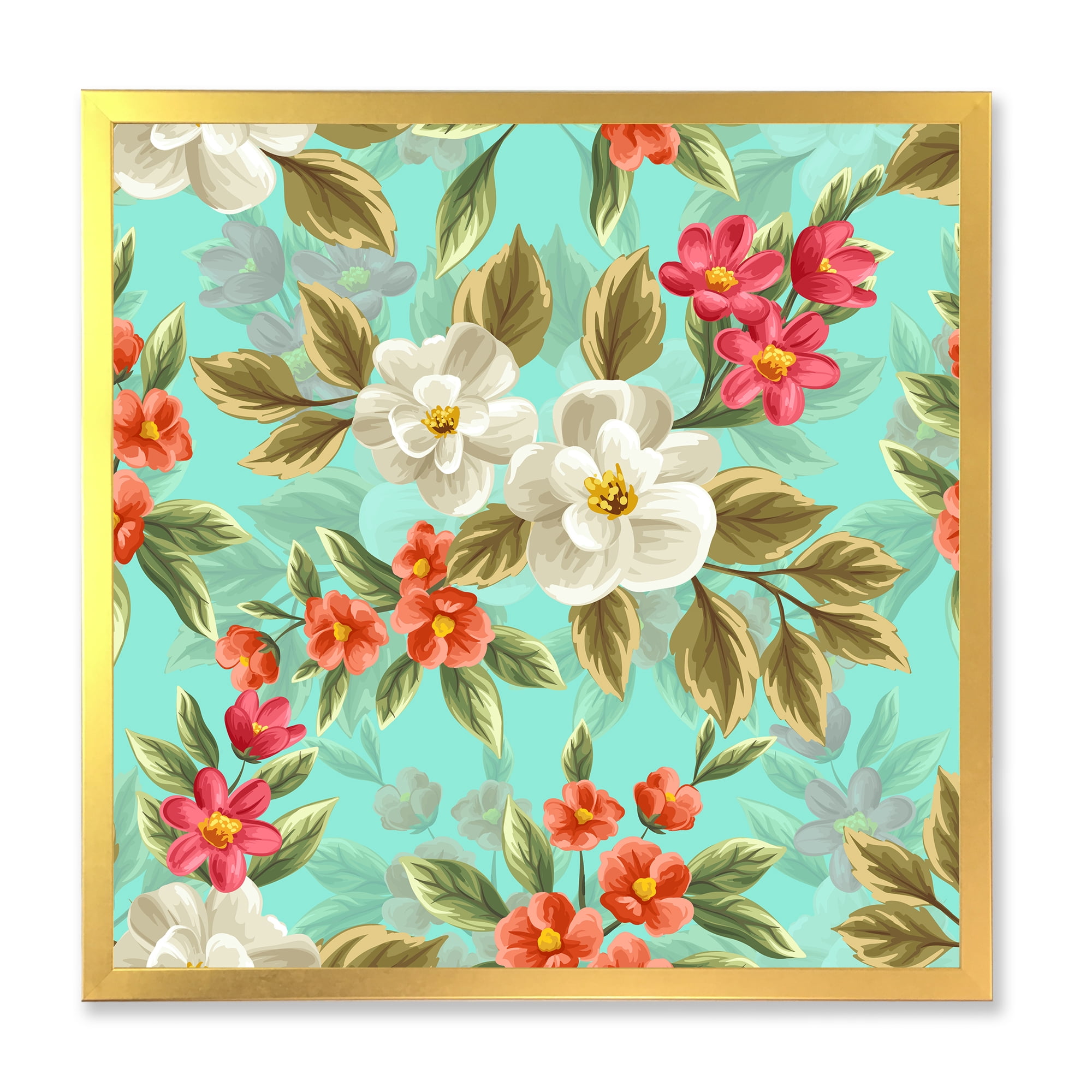 Designart 'Red and White Floral Seamless Pattern' Traditional Framed Art Print