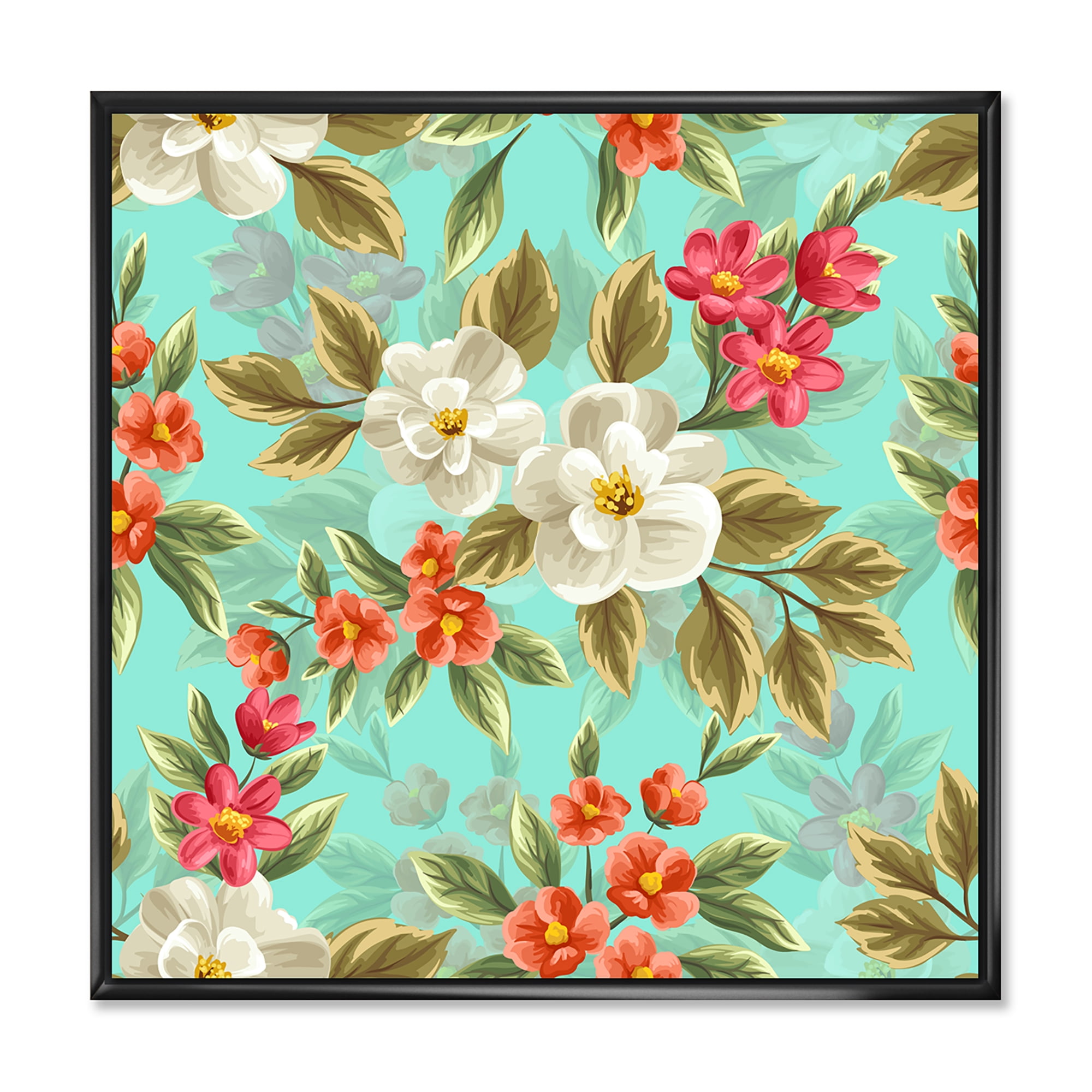 Designart 'Red and White Floral Seamless Pattern' Traditional Framed Canvas Wall Art Print