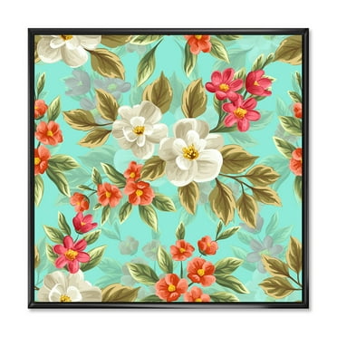 Designart 'Red and White Floral Seamless Pattern' Traditional Framed Canvas Wall Art Print