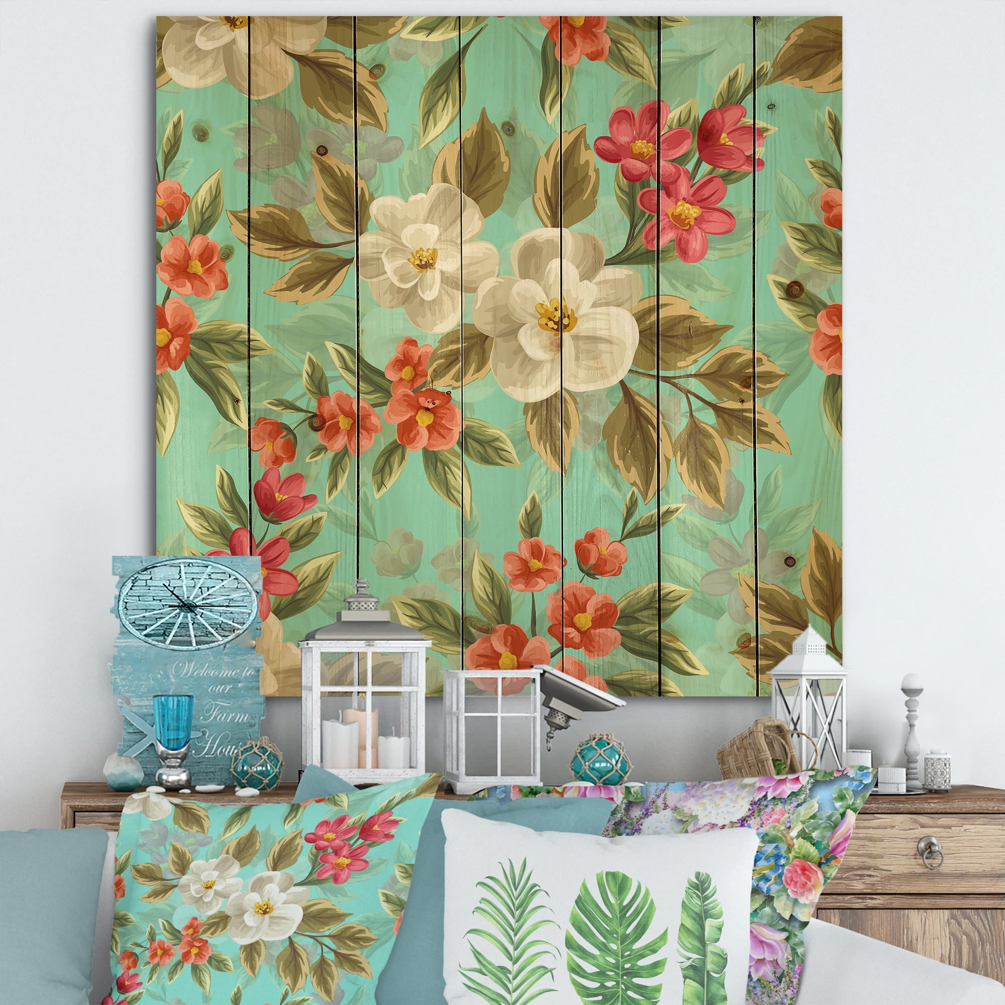 Designart 'Red and White Floral Seamless Pattern' Traditional Print on Natural Pine Wood