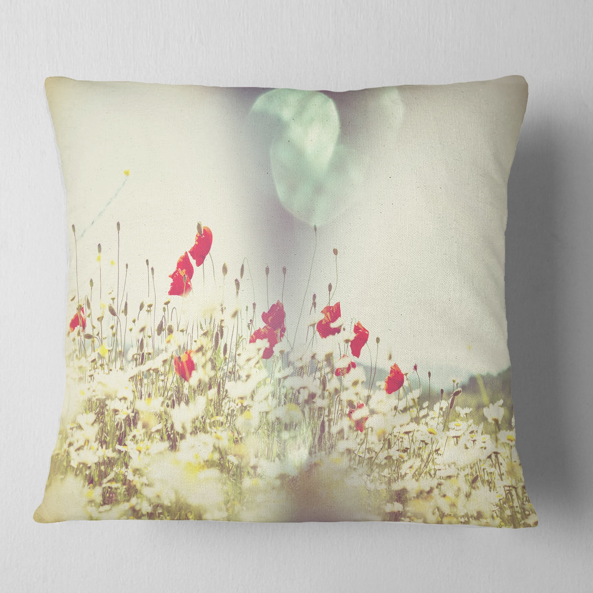 Designart Red and White Poppy Flowers Field - Flower Throw Pillow - 16x16