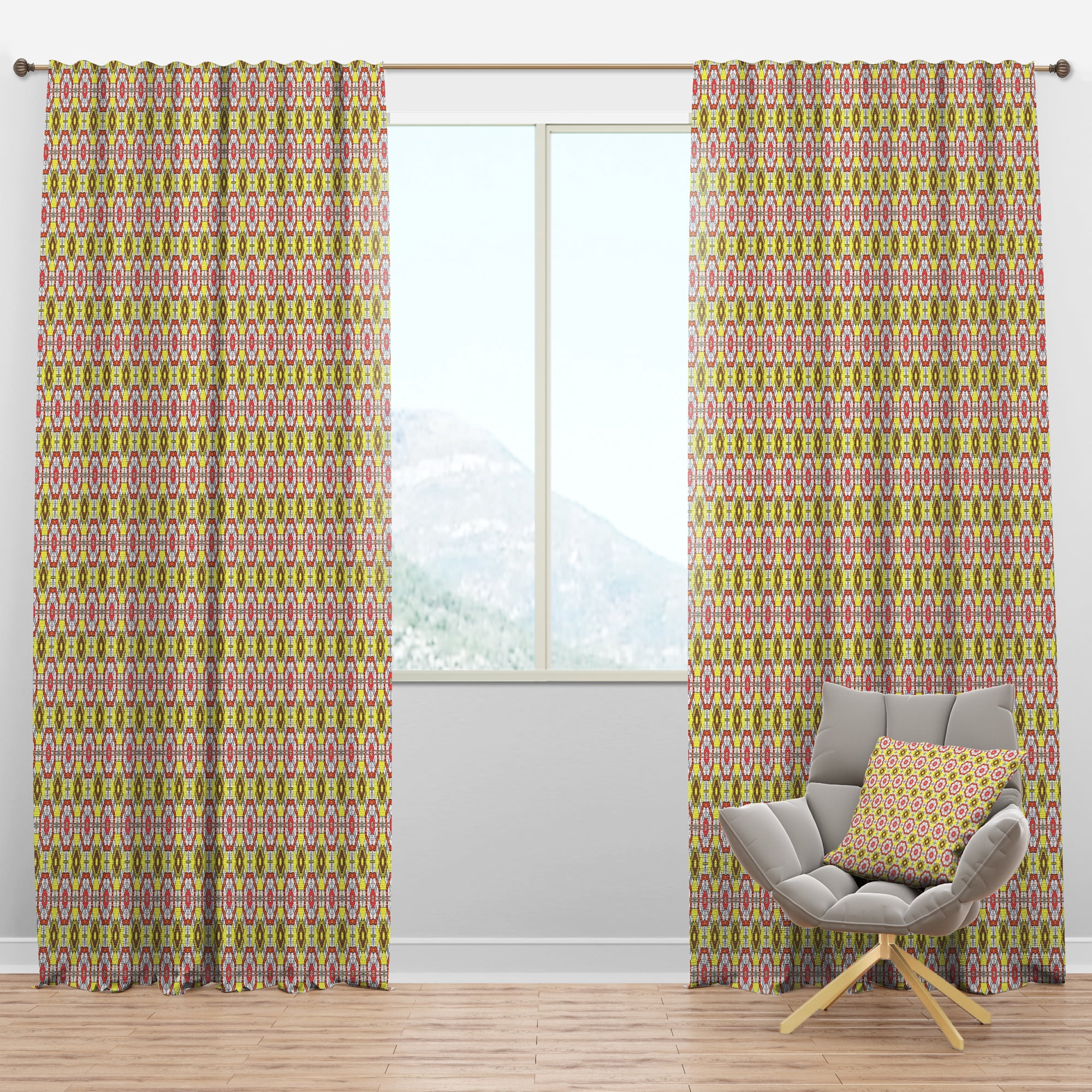 Designart 'Red and Yellow Retro Ethnic Kaleidoscope Design' Mid-Century Modern Blackout Curtain Panel