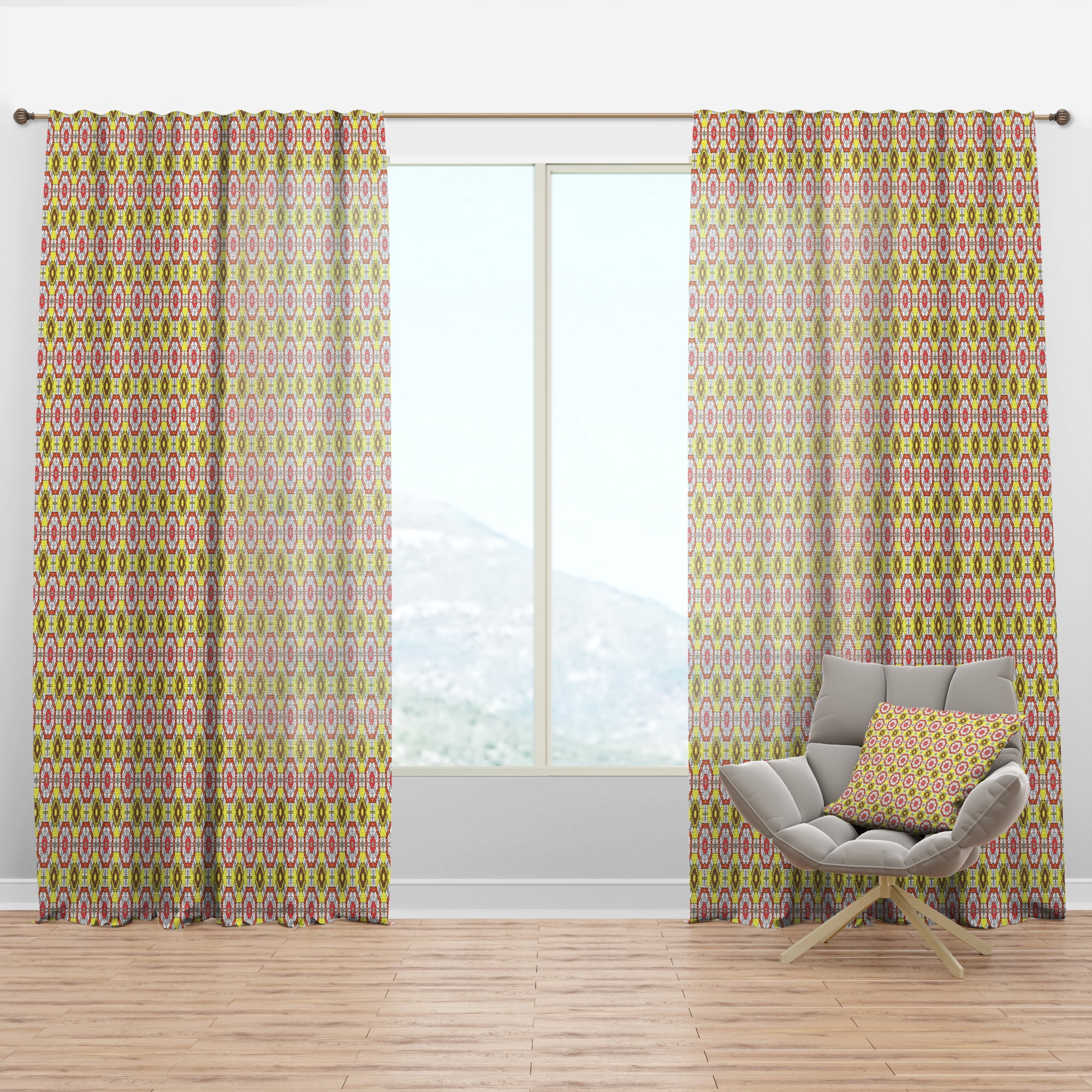 Designart 'Red and Yellow Retro Ethnic Kaleidoscope Design' Mid-Century Modern Curtain Panel