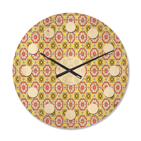 Designart 'Red and Yellow Retro Ethnic Kaleidoscope Design' Mid-Century Modern Wood Wall Clock