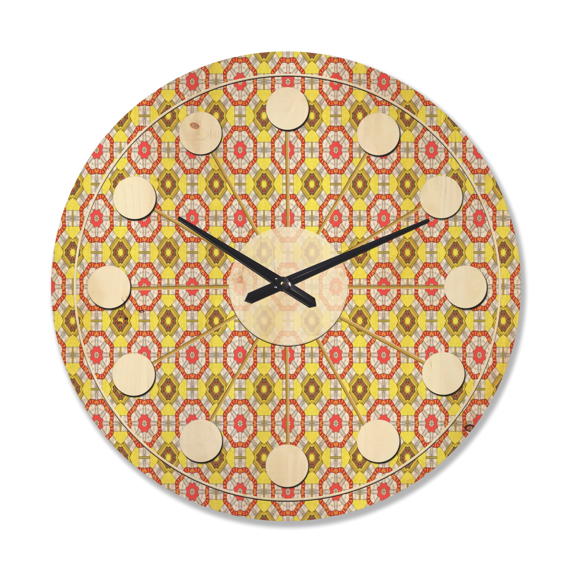 Designart 'Red and Yellow Retro Ethnic Kaleidoscope Design' Mid-Century Modern Wood Wall Clock