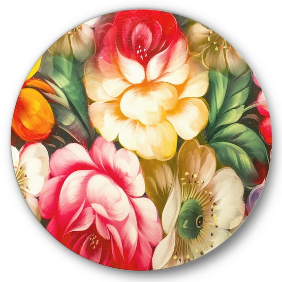 Designart 'Red and Yellow VIntage Flowers' Traditional Circle Metal Wall Art 11x11 - Disc of 11