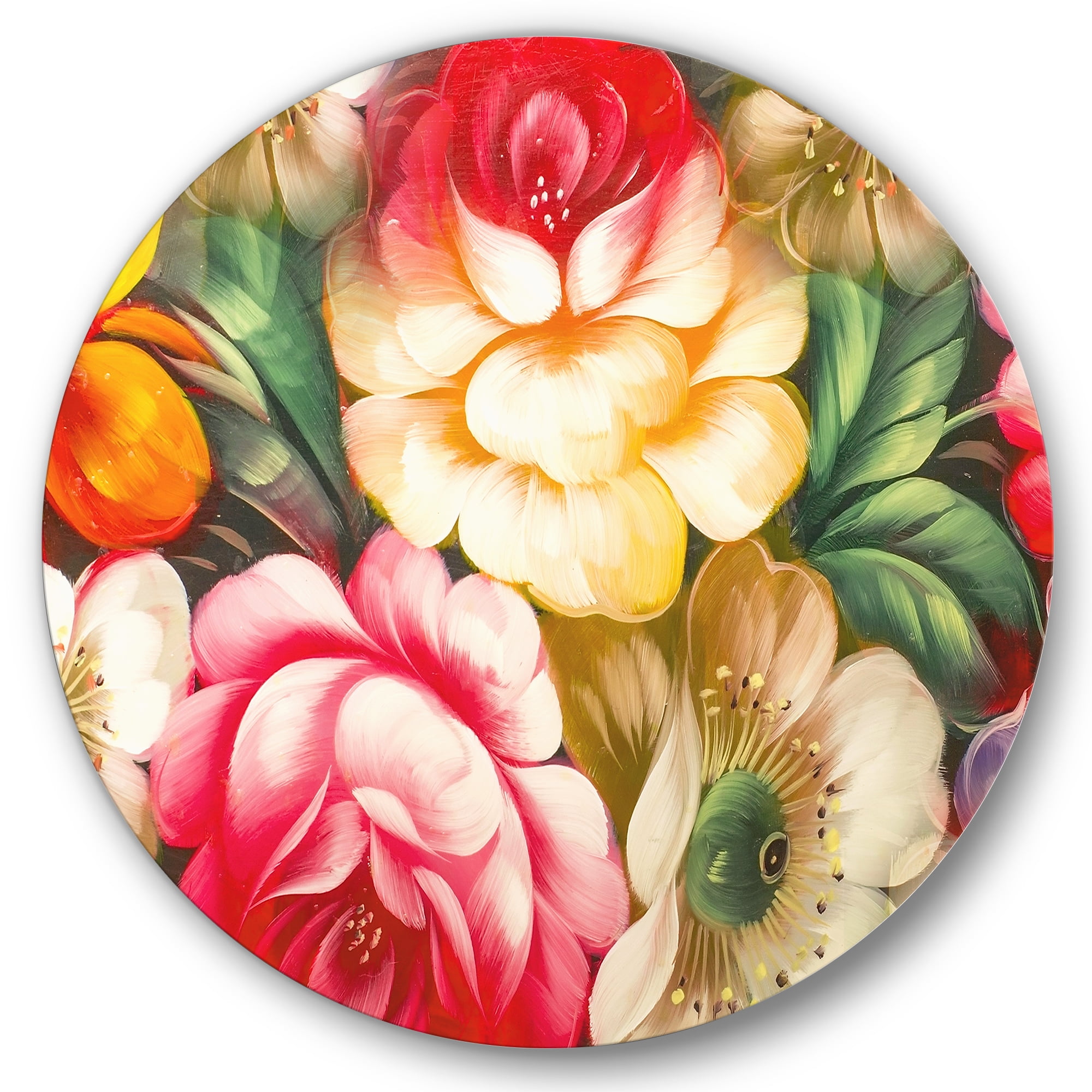 Designart 'Red and Yellow VIntage Flowers' Traditional Circle Metal Wall Art 23x23 - Disc of 23