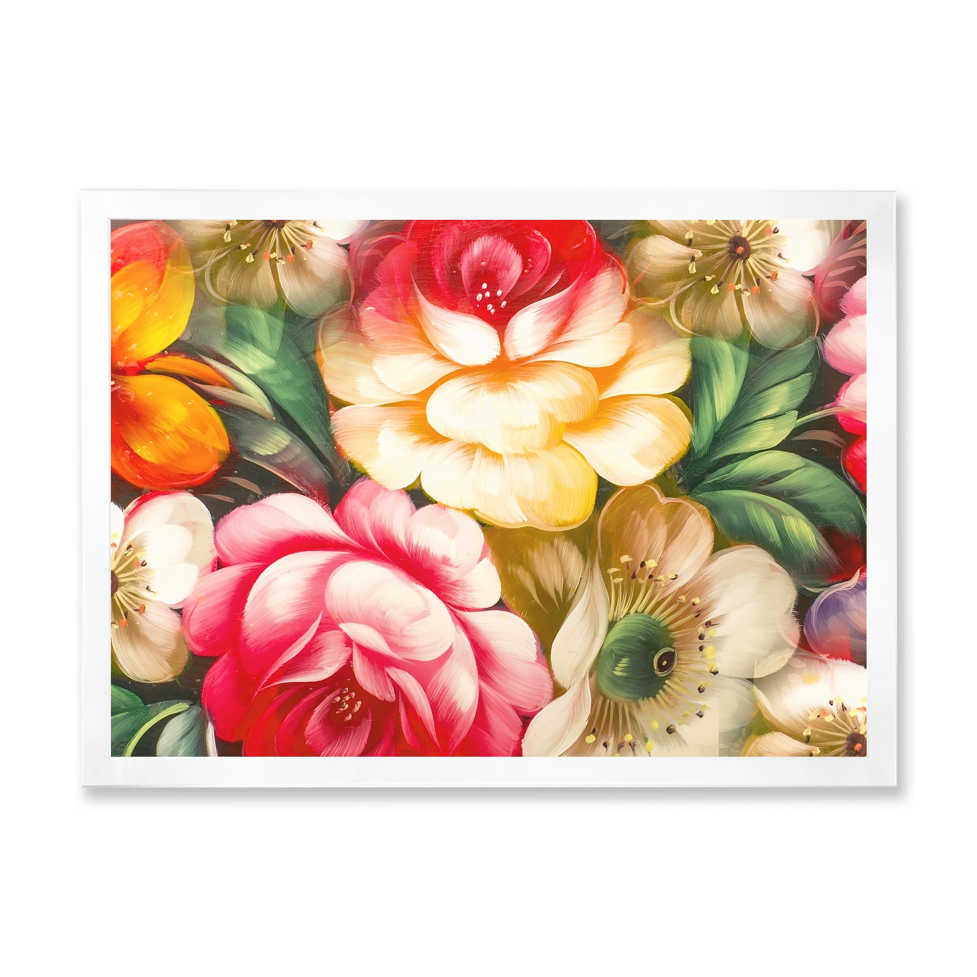 Designart 'Red and Yellow VIntage Flowers' Traditional Framed Art Print