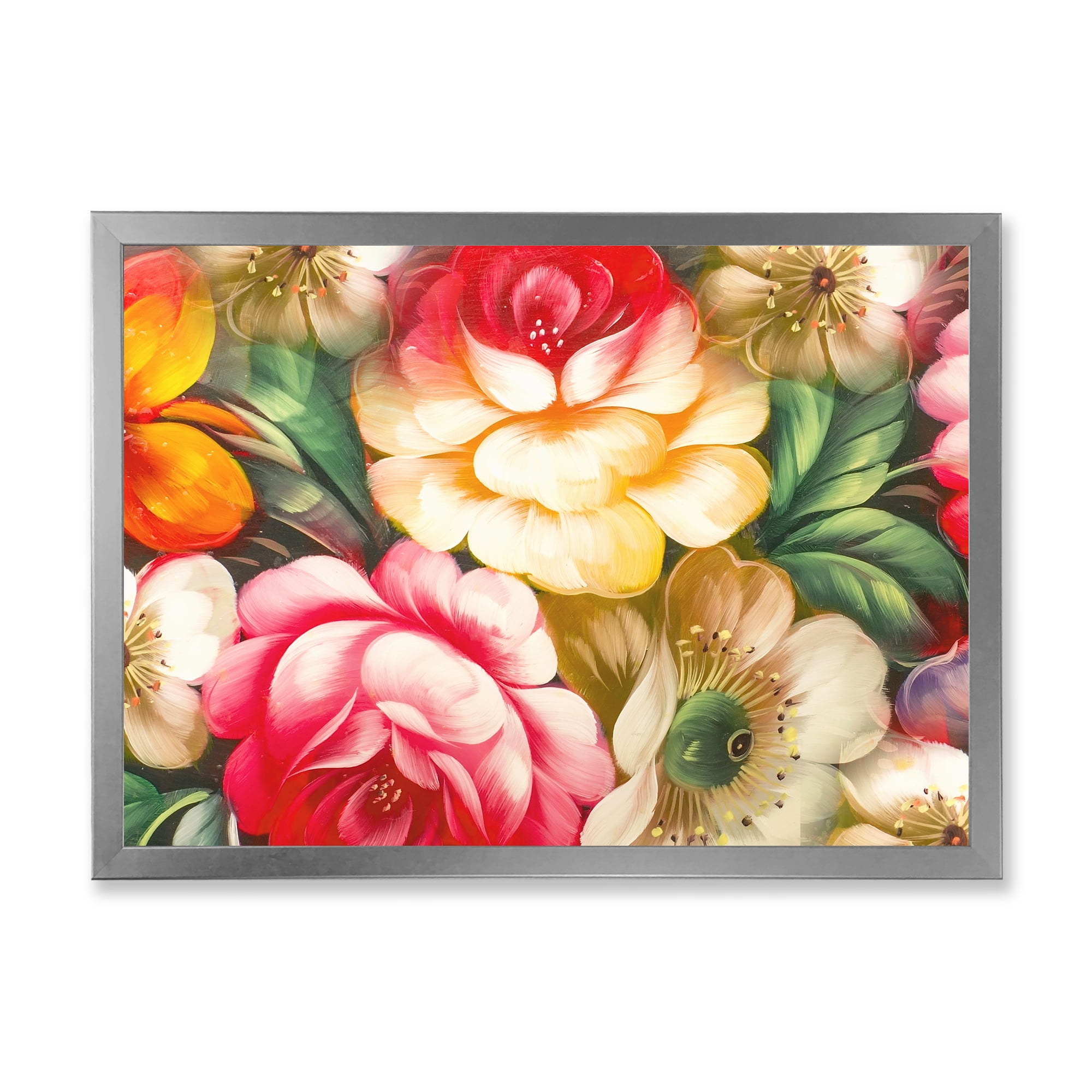 Designart 'Red and Yellow VIntage Flowers' Traditional Framed Art Print