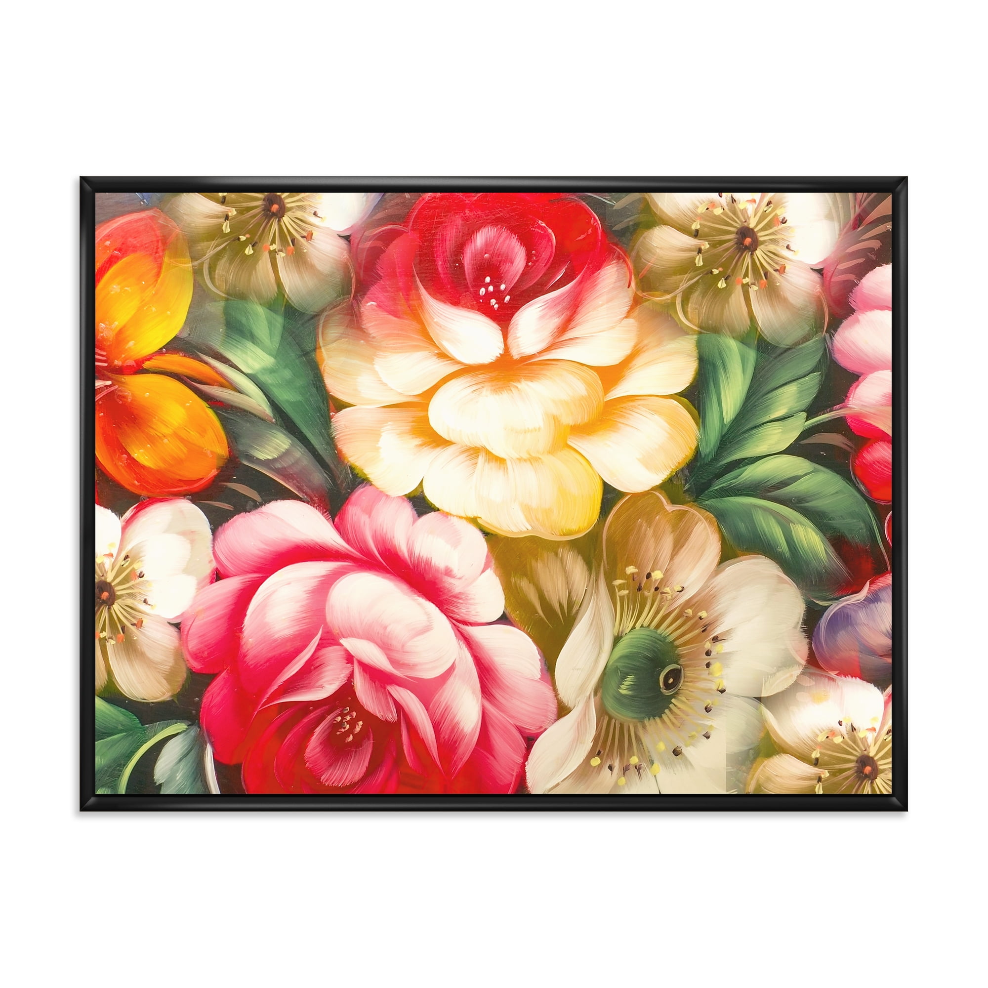 Designart 'Red and Yellow VIntage Flowers' Traditional Framed Canvas Wall Art Print