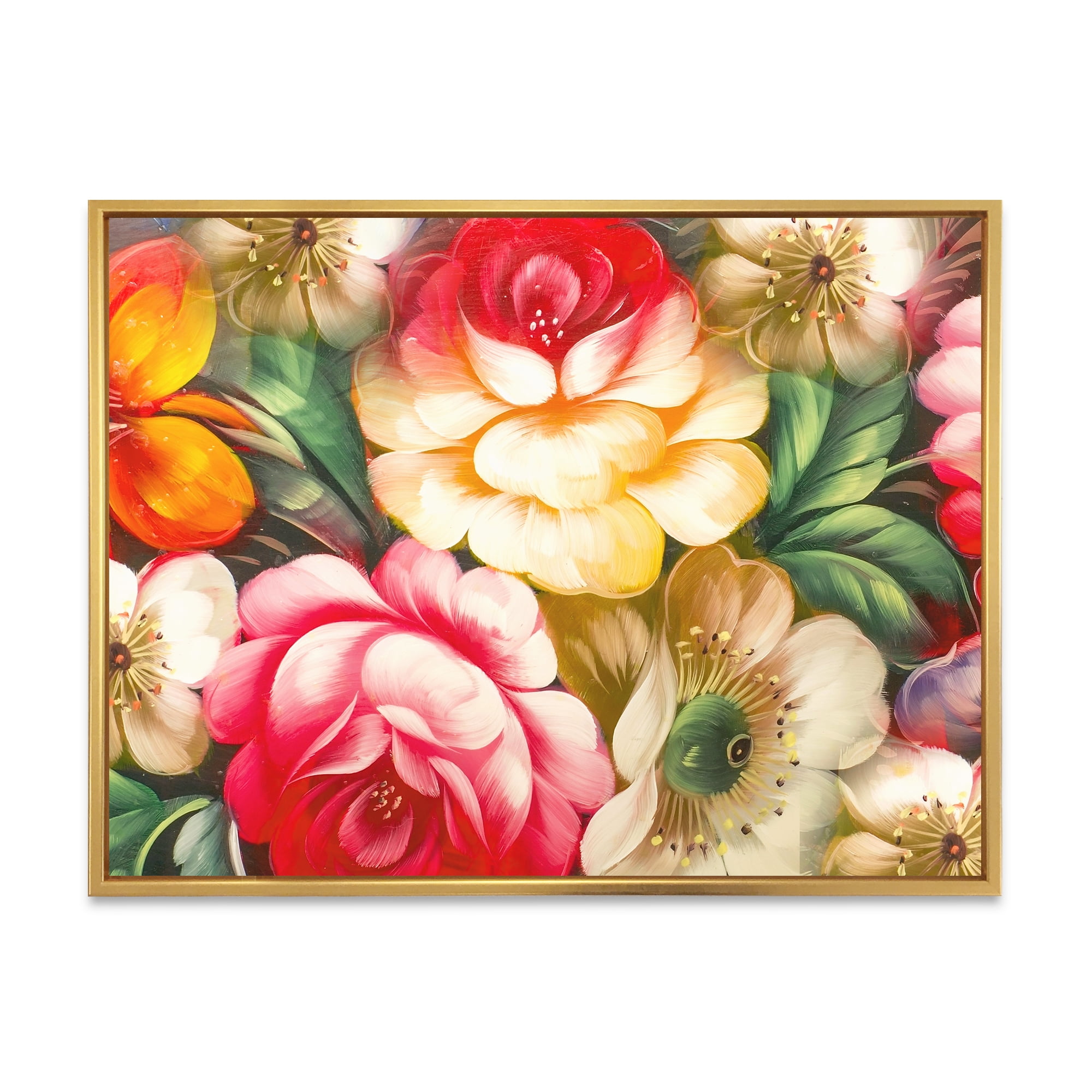 Designart 'Red and Yellow VIntage Flowers' Traditional Framed Canvas Wall Art Print