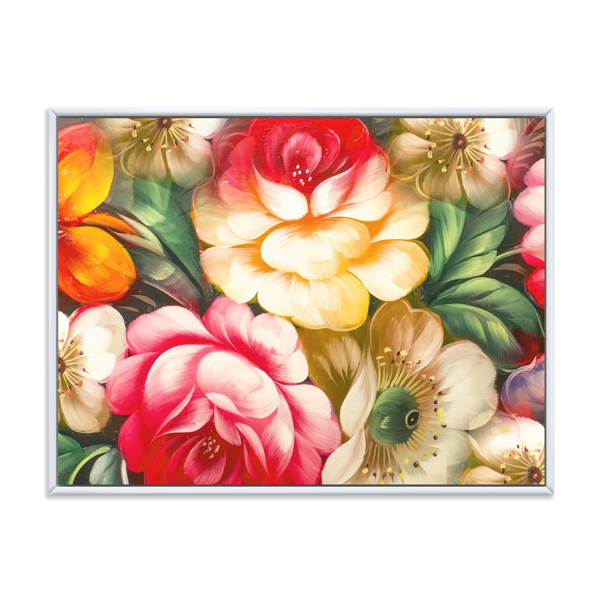 Designart 'Red and Yellow VIntage Flowers' Traditional Framed Canvas Wall Art Print