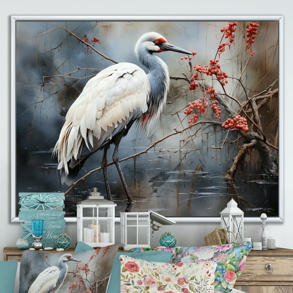 Designart "Redcrowed Crane China Art painting I" Animals Floater Framed Wall Decor