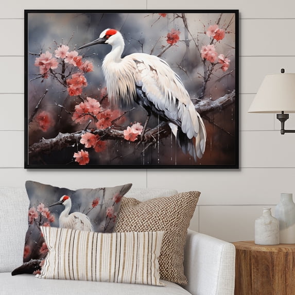 Designart "Redcrowed Crane China Art painting II" Animals Floater Framed Canvas Print