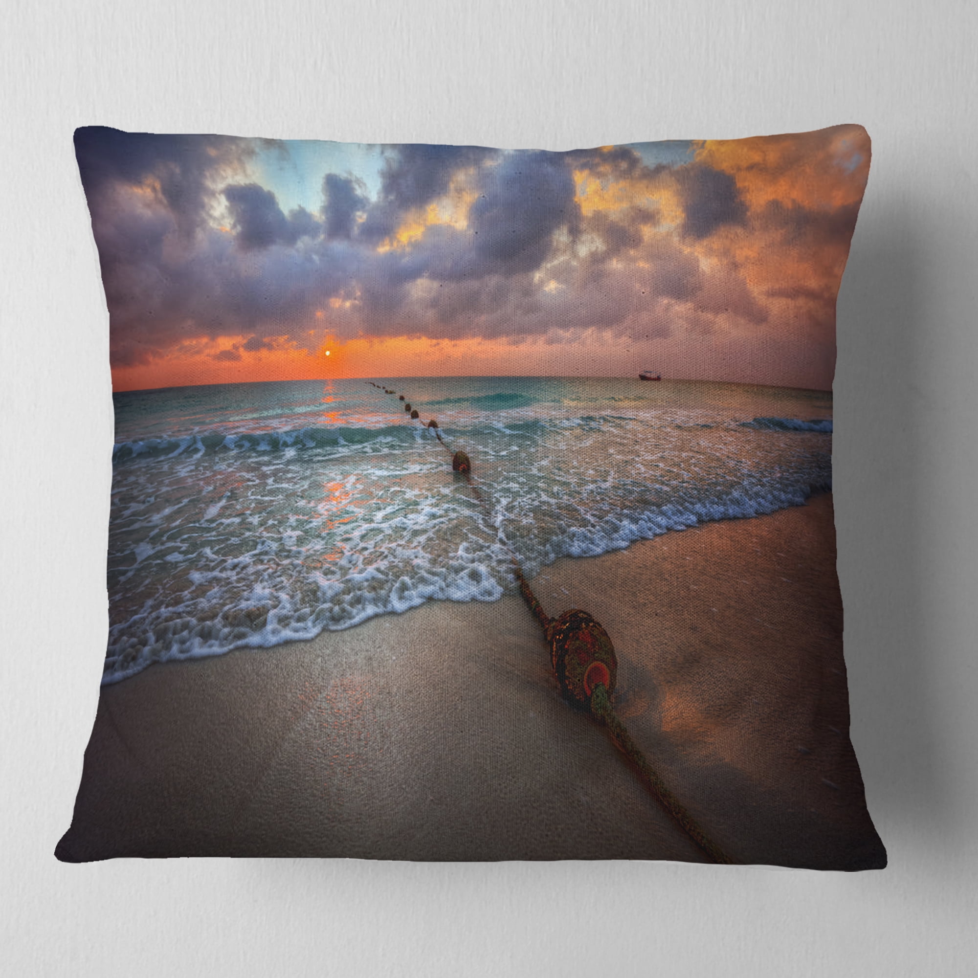 Designart Reddish Sunset over Clear Beach - Seashore Throw Pillow - 18x18
