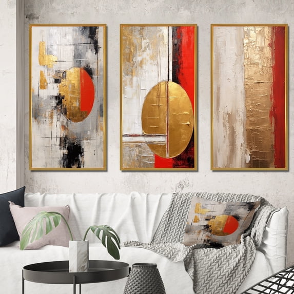 Designart "Redemption under the Full Moon Gold and Red Abstract II" Abstract Painting Framed Wall Art Set Of 3 - Gold Modern Frame Canvas Set For Living Room Decor