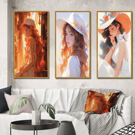 Designart "Redheaded Beauty in Evening Glow" Fashion Woman Framed Wall Art Set Of 3 - Orange Glam Frame Canvas Set For Living Room Decor
