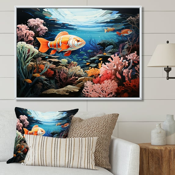 Designart "Reef Depths Underwater Coral art painting V" Coral Floater Framed Canvas Wall Art