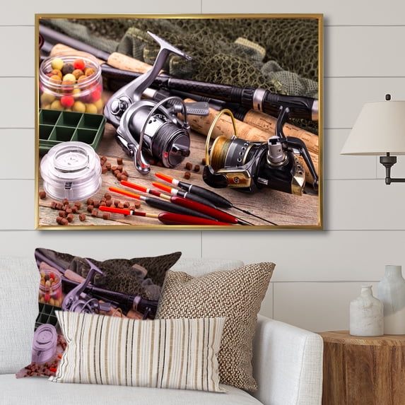 Designart "Reeling In Fishing Rods" Hunting & Fishing Floater Framed Wall Art Prints