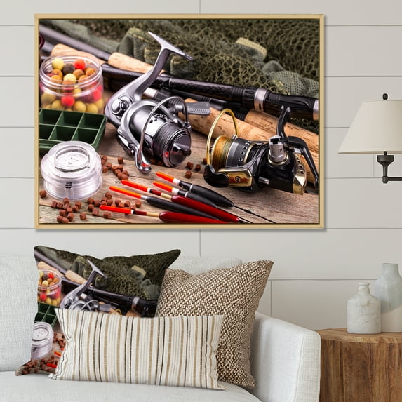 Designart "Reeling In Fishing Rods" Hunting & Fishing Floater Framed Wall Art Prints