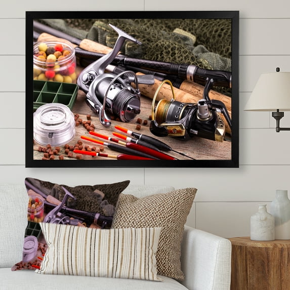 Designart "Reeling In Fishing Rods" Hunting & Fishing Picture Framed Wall Art Prints