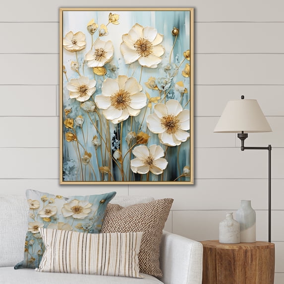 Designart "Refined Beige Buttercup Field I" Buttercups Floater Framed Canvas Prints
