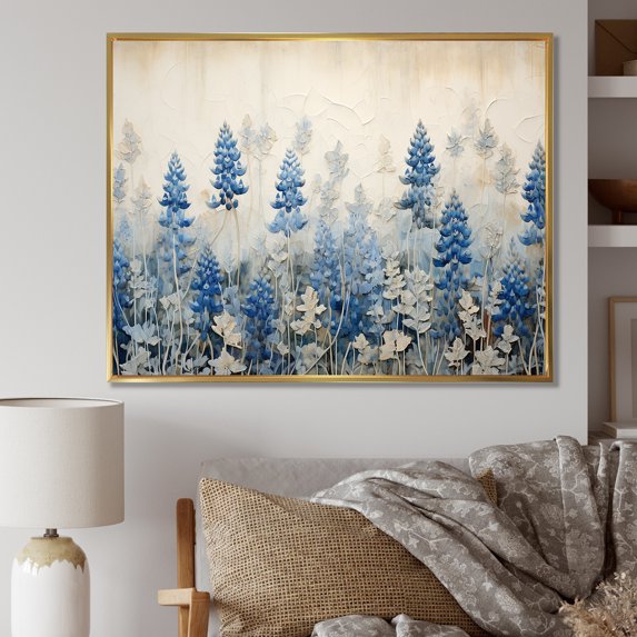 Designart "Refined Blue And Beige Bonnets Field" Blue Bonnets Floater Framed Wall Decor