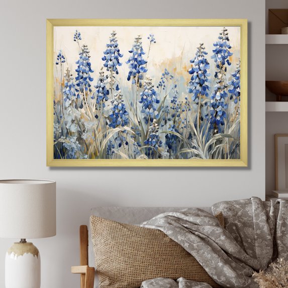 Designart "Refined Blue And Beige Bonnets Field III" Blue Bonnets Picture Framed Wall Art Living Room