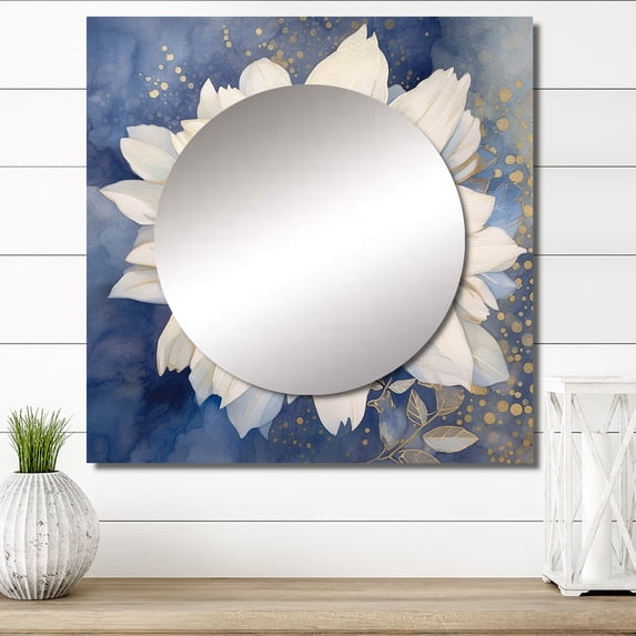 Designart "Refined White Chrysanthemum On Vintage Blue" Flowers Square Mirror For Wall Decor - Large White Square Printed Wall Mirror Art - Wall Mounted Square Large Mirror